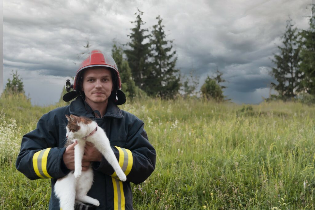 firefighter and cat